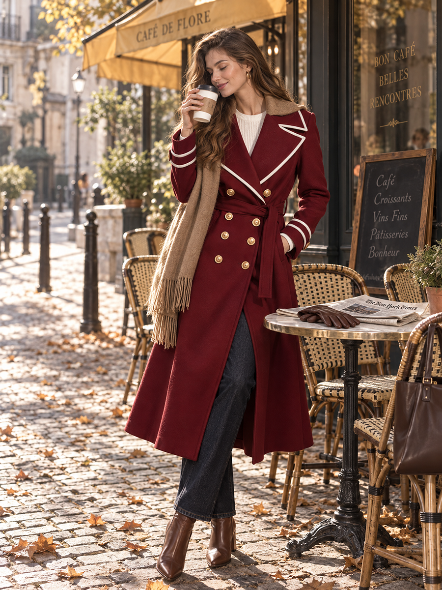 Contrast-Piped Notch Lapel Double-Breasted Gold-Button Belted Wool-Blend Longline Coat