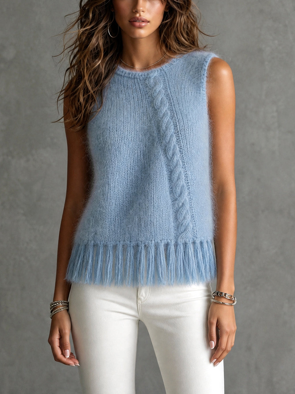 Chic Elegant Blue Round-Neck Sleeveless Cable Detail Fringe Hem Slim-Fit Mohair Blend Knit Vest
