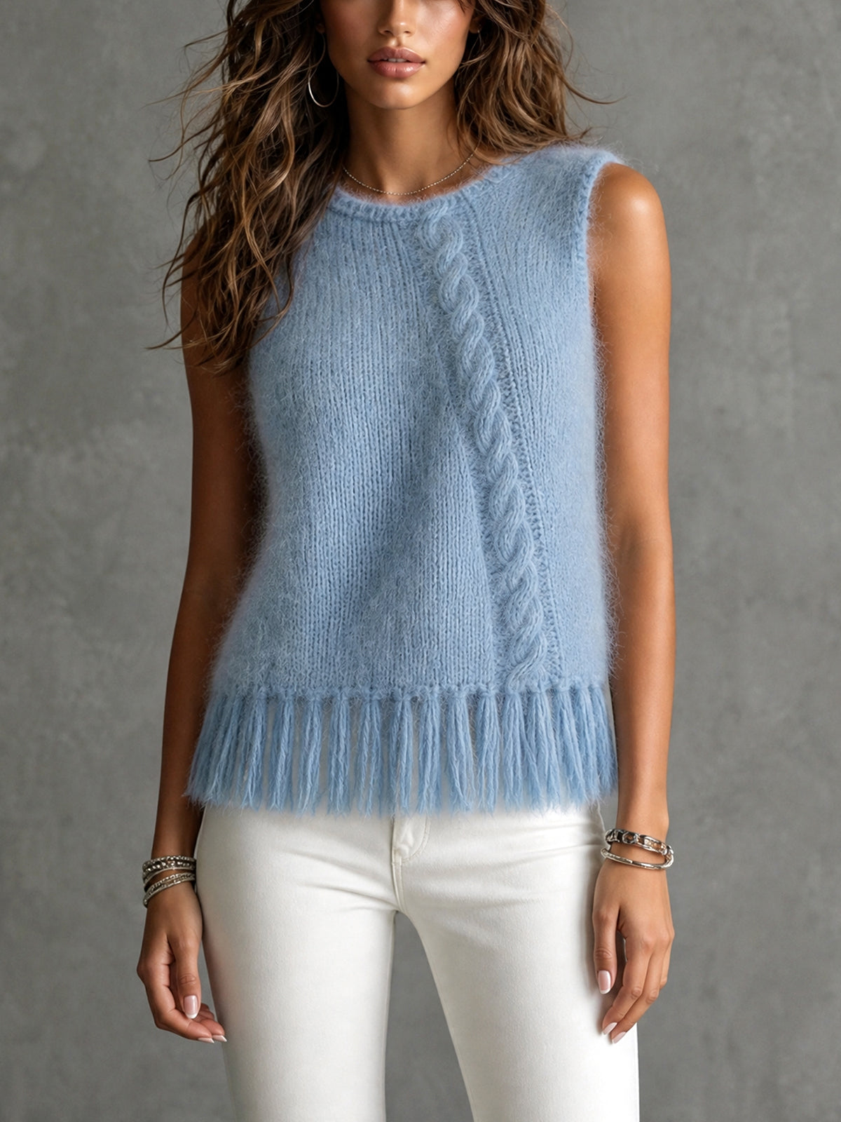 Chic Elegant Blue Round-Neck Sleeveless Cable Detail Fringe Hem Slim-Fit Mohair Blend Knit Vest