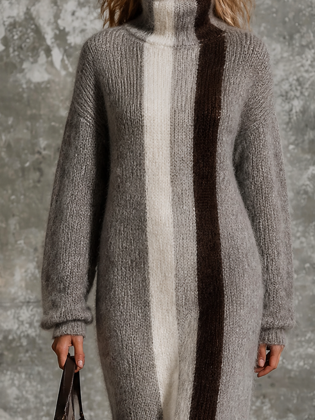 Chic Elegant Heather Grey Turtleneck Contrast Trim Stripes Long-Sleeve Loose-Fit Fuzzy Knit Midi Dress