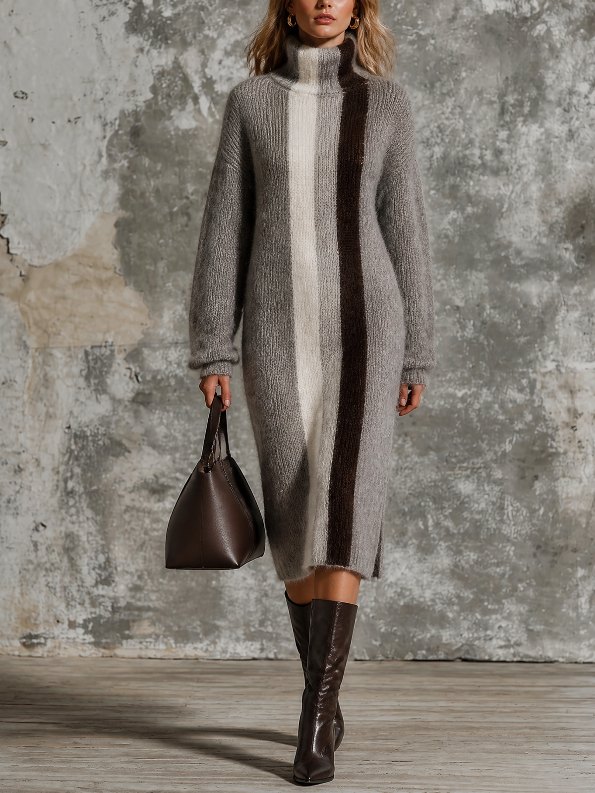 Chic Elegant Heather Grey Turtleneck Contrast Trim Stripes Long-Sleeve Loose-Fit Fuzzy Knit Midi Dress
