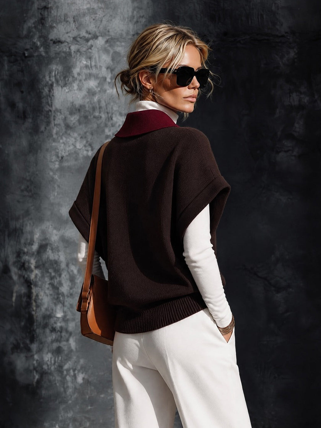 Chic Elegant Coffee-Red Colorblock Lapel Collar Short-Sleeve Keyhole Cutout Detail Loose-Fit Wool Blend Knit Sweater