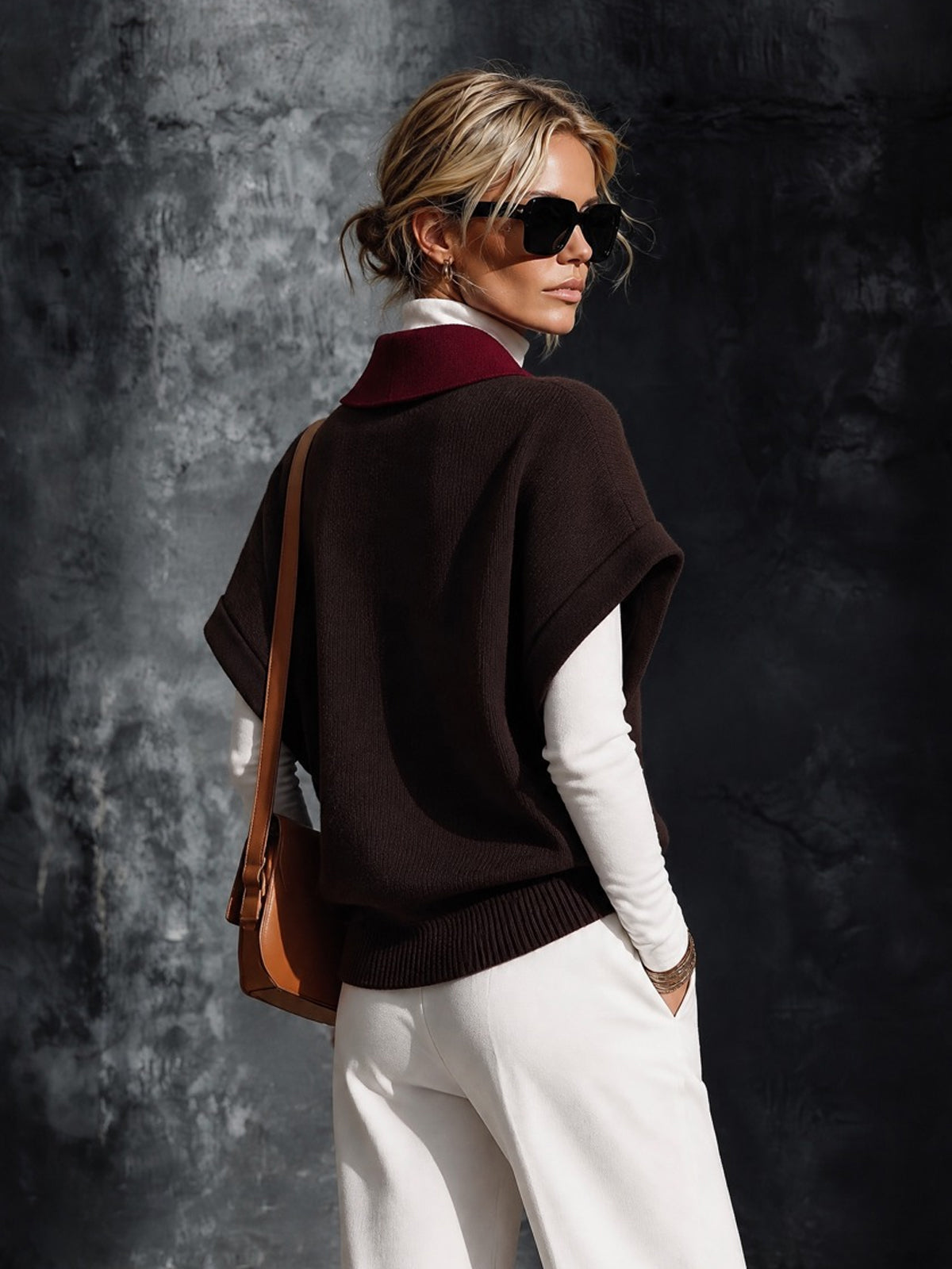 Chic Elegant Coffee-Red Colorblock Lapel Collar Short-Sleeve Keyhole Cutout Detail Loose-Fit Wool Blend Knit Sweater