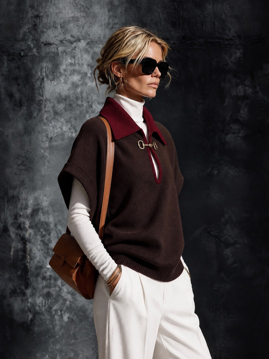 Chic Elegant Coffee-Red Colorblock Lapel Collar Short-Sleeve Keyhole Cutout Detail Loose-Fit Wool Blend Knit Sweater