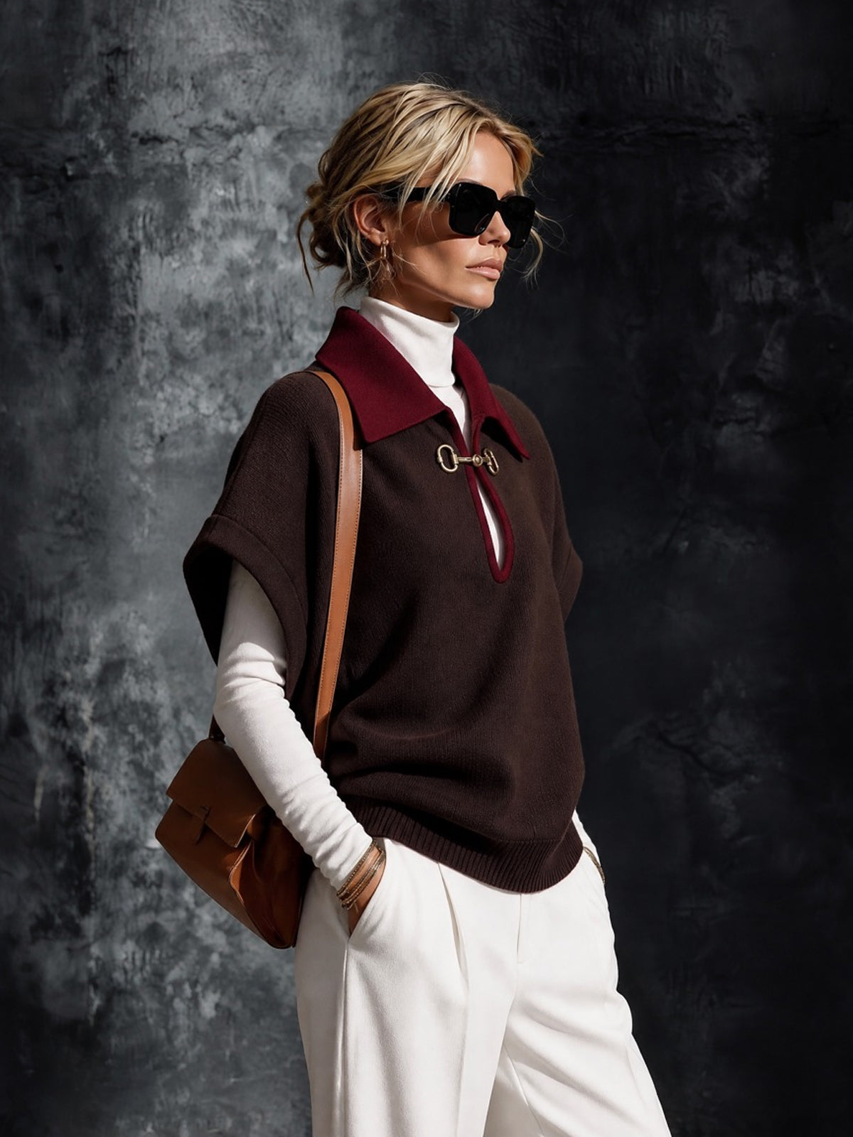 Chic Elegant Coffee-Red Colorblock Lapel Collar Short-Sleeve Keyhole Cutout Detail Loose-Fit Wool Blend Knit Sweater