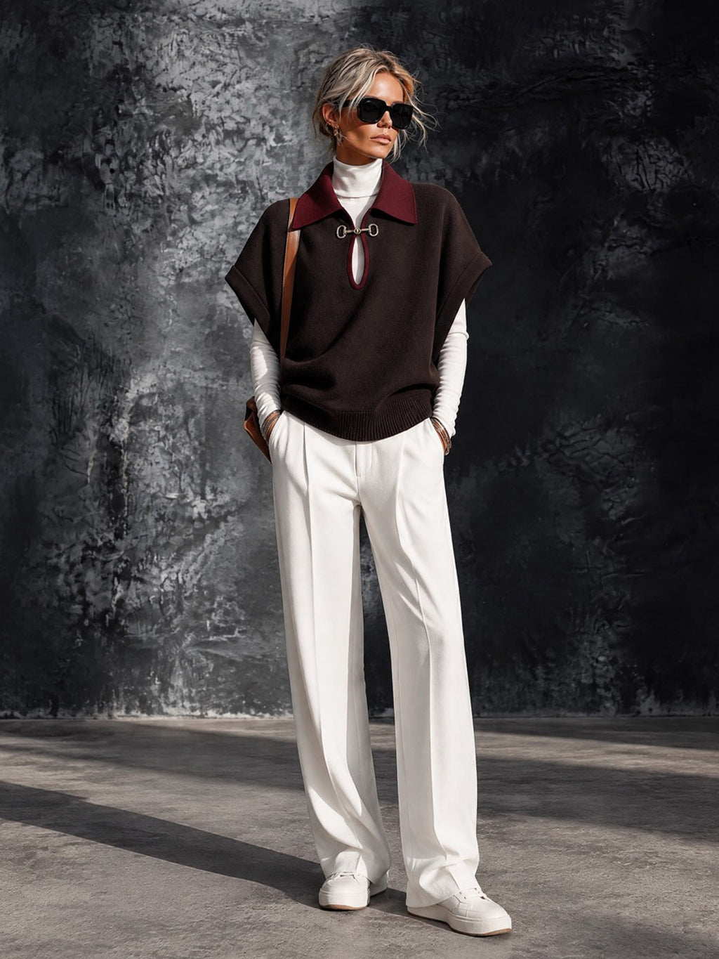 Chic Elegant Coffee-Red Colorblock Lapel Collar Short-Sleeve Keyhole Cutout Detail Loose-Fit Wool Blend Knit Sweater