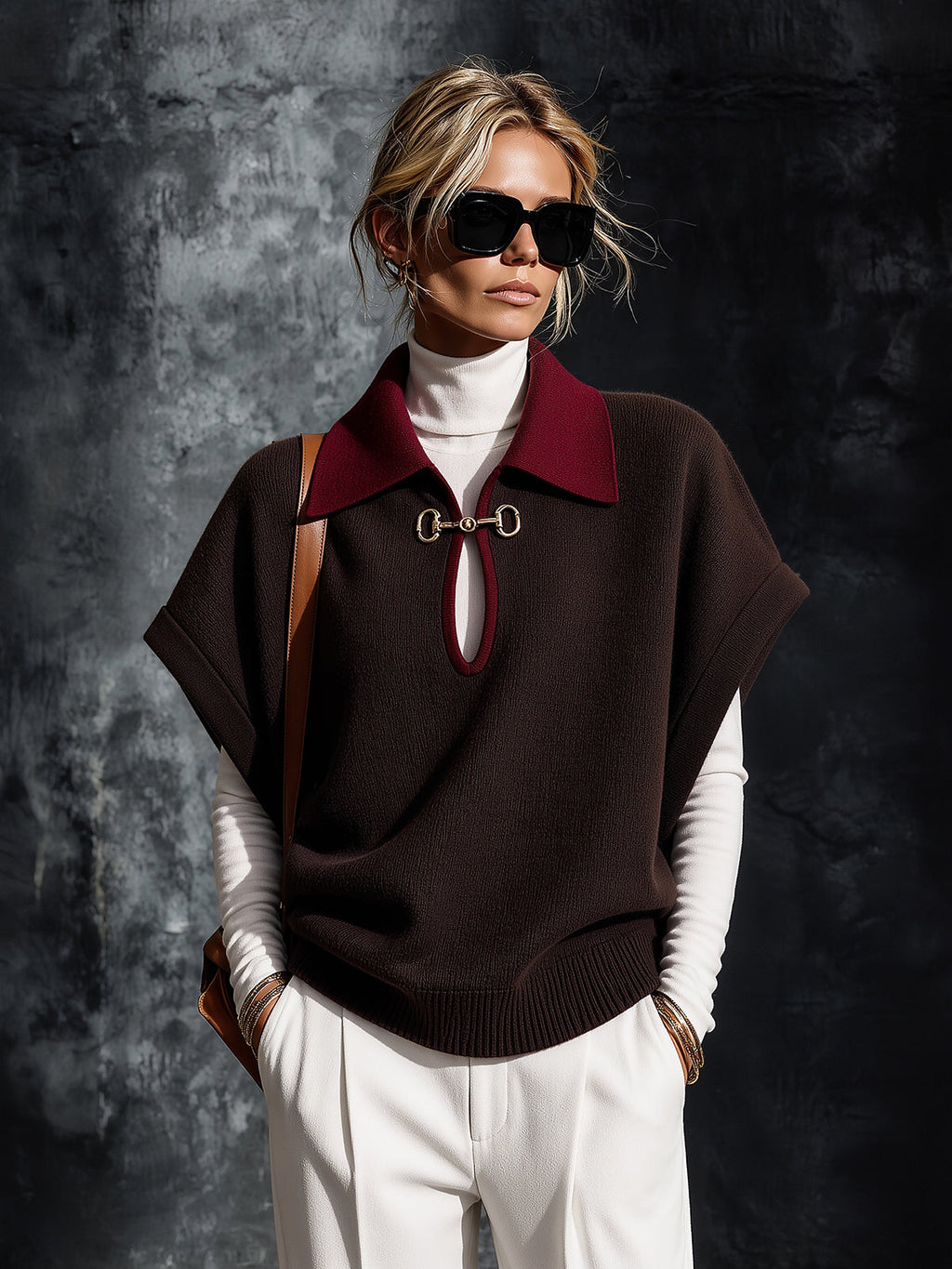 Chic Elegant Coffee-Red Colorblock Lapel Collar Short-Sleeve Keyhole Cutout Detail Loose-Fit Wool Blend Knit Sweater