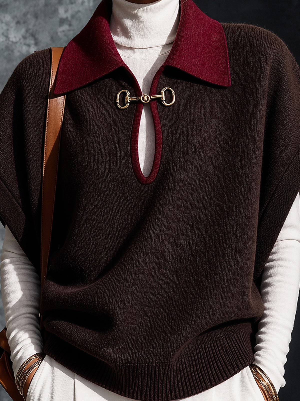 Chic Elegant Coffee-Red Colorblock Lapel Collar Short-Sleeve Keyhole Cutout Detail Loose-Fit Wool Blend Knit Sweater