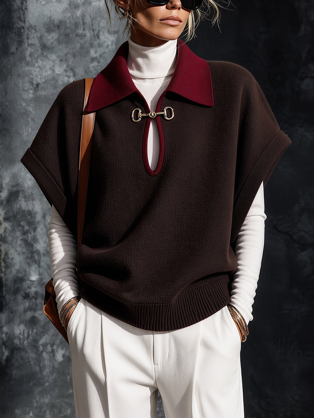 Chic Elegant Coffee-Red Colorblock Lapel Collar Short-Sleeve Keyhole Cutout Detail Loose-Fit Wool Blend Knit Sweater