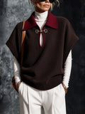 Chic Elegant Coffee-Red Colorblock Lapel Collar Short-Sleeve Keyhole Cutout Detail Loose-Fit Wool Blend Knit Sweater