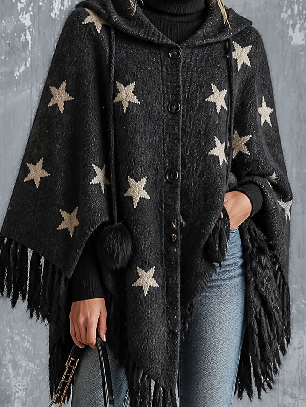 Chic Casual Charcoal Black Hooded Star Jacquard Single-Breasted Batwing Sleeve Fringe Hem Loose-Fit Knit Cape Cardigan