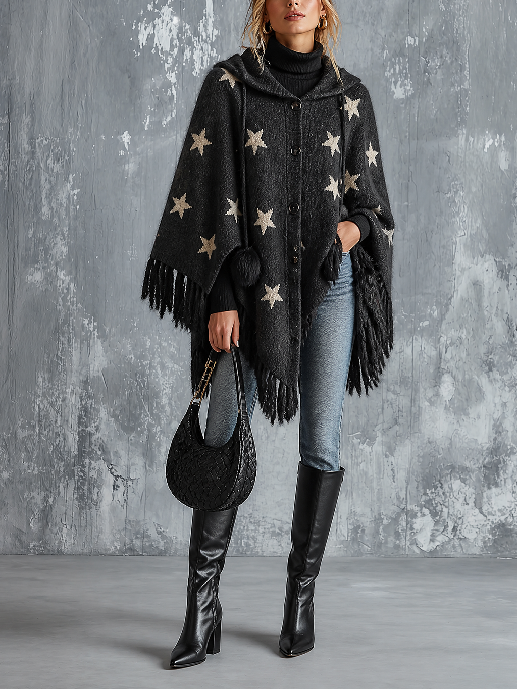Chic Casual Charcoal Black Hooded Star Jacquard Single-Breasted Batwing Sleeve Fringe Hem Loose-Fit Knit Cape Cardigan
