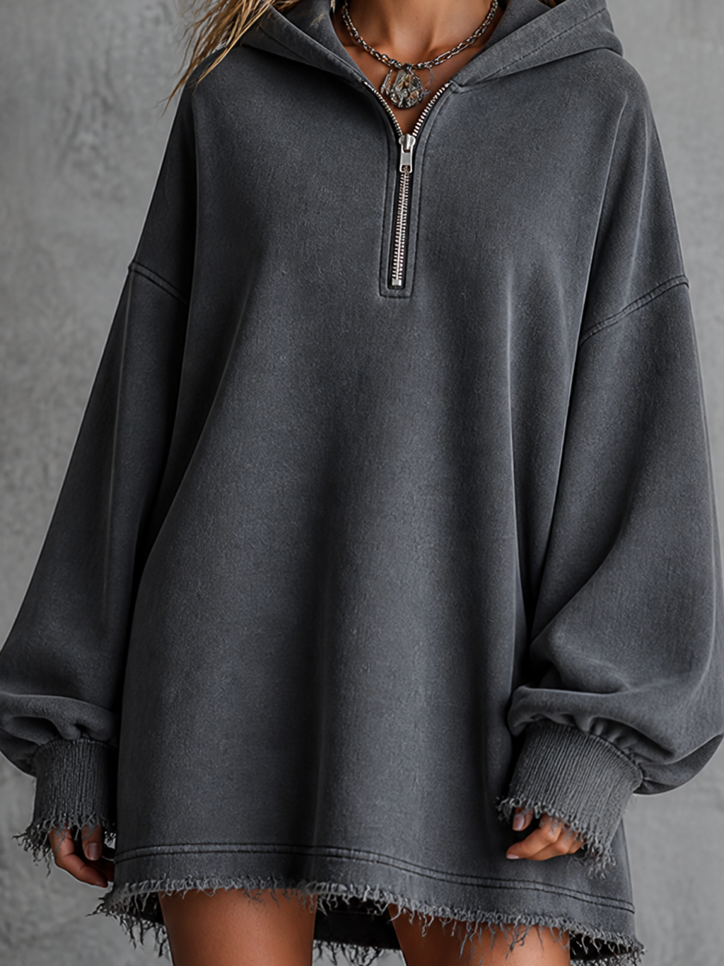 Chic Casual Charcoal Grey Hooded Half Zip Drop Shoulder Long-Sleeve Frayed Hem Loose-Fit French Terry Sweatshirt Mini Dress