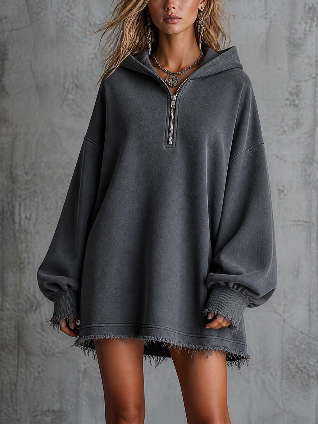 Chic Casual Charcoal Grey Hooded Half Zip Drop Shoulder Long-Sleeve Frayed Hem Loose-Fit French Terry Sweatshirt Mini Dress