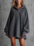 Chic Casual Charcoal Grey Hooded Half Zip Drop Shoulder Long-Sleeve Frayed Hem Loose-Fit French Terry Sweatshirt Mini Dress