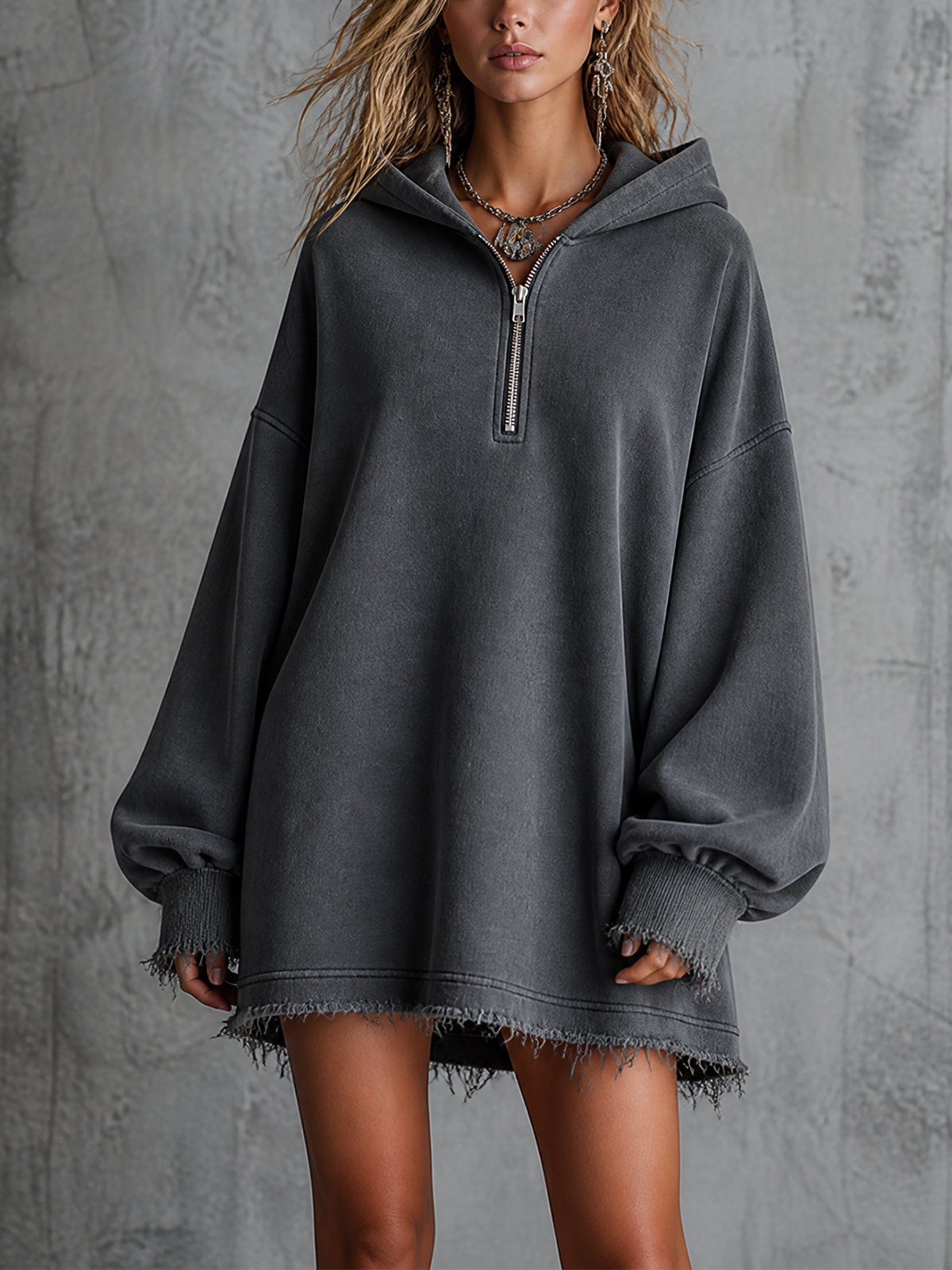 Chic Casual Charcoal Grey Hooded Half Zip Drop Shoulder Long-Sleeve Frayed Hem Loose-Fit French Terry Sweatshirt Mini Dress