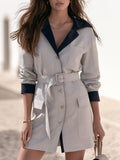Mediterranean Chic Light Grey Navy Contrast Collar Belted Short Coat
