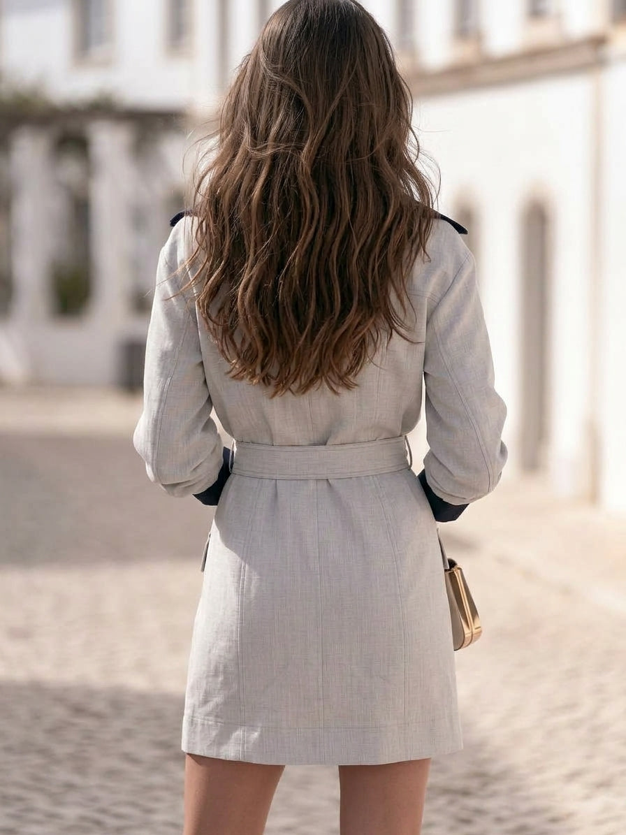 Mediterranean Chic Light Grey Navy Contrast Collar Belted Short Coat