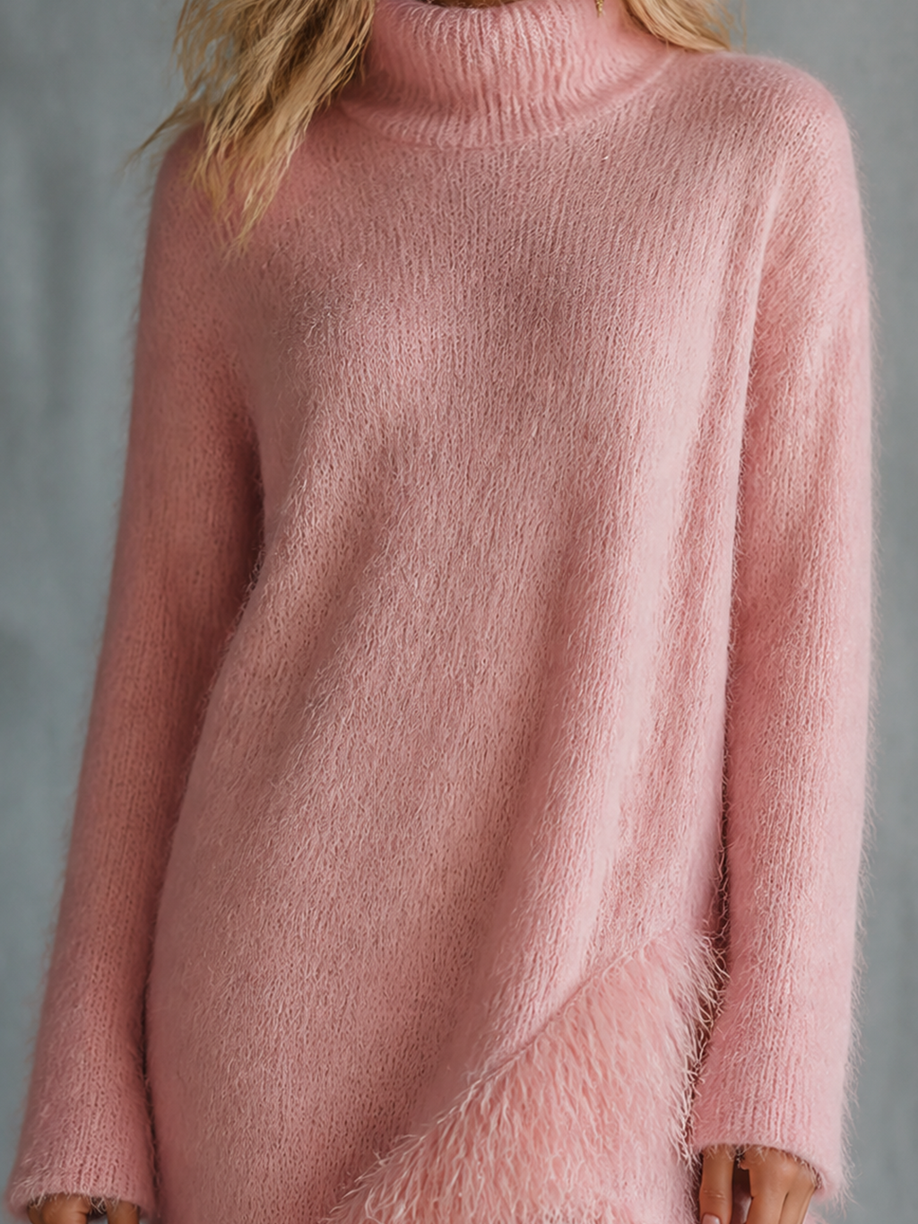 Chic Elegant Dusty Pink Turtleneck Long-Sleeve Irregular Fringe Loose-Fit Fuzzy Knit Mini Dress