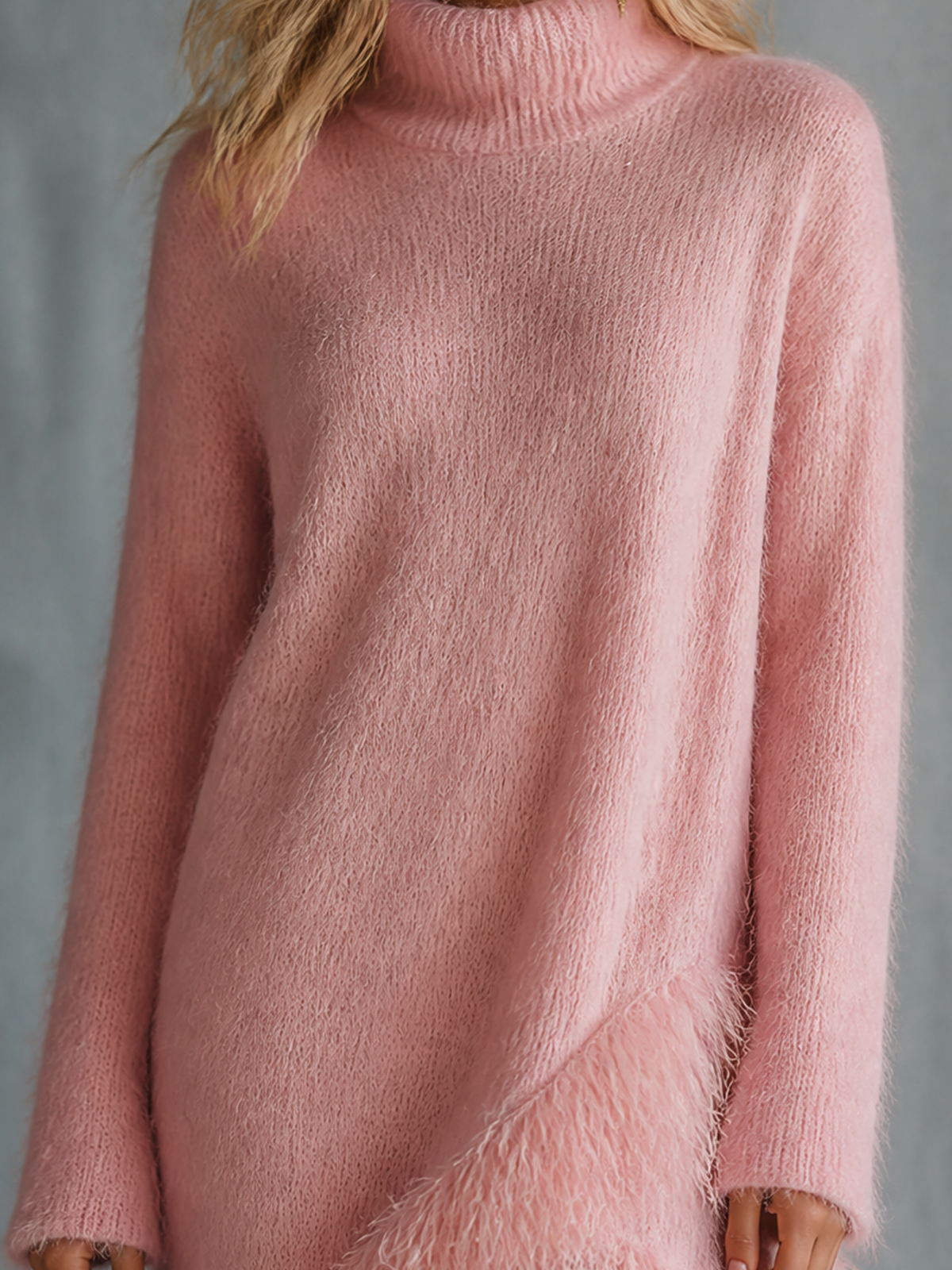 Chic Elegant Dusty Pink Turtleneck Long-Sleeve Irregular Fringe Loose-Fit Fuzzy Knit Mini Dress