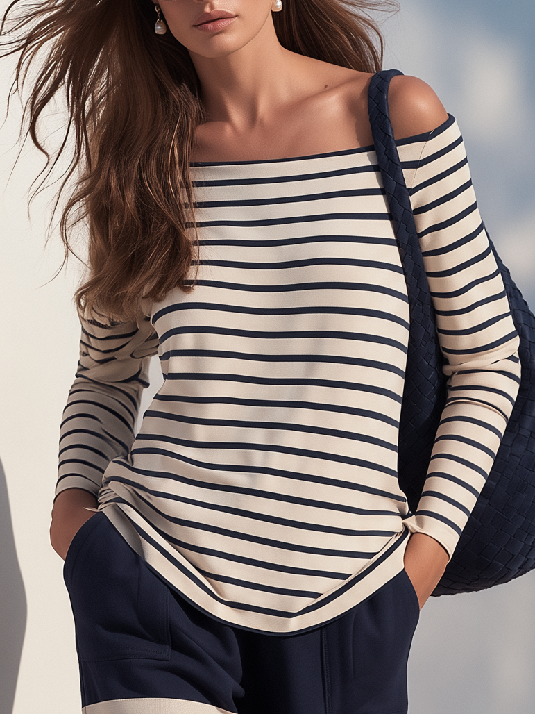 Casual And Relaxed Off-the-shoulder Striped T-shirt And Wide-leg Pants Set