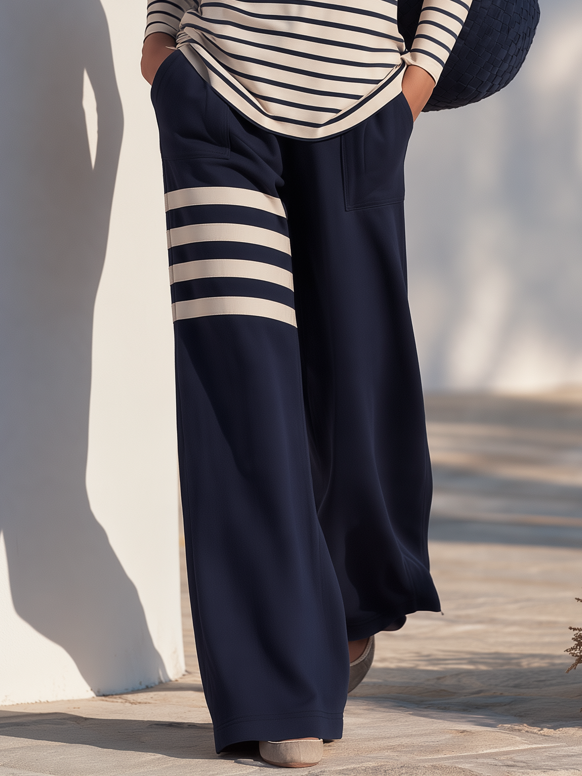 Casual And Relaxed Off-the-shoulder Striped T-shirt And Wide-leg Pants Set
