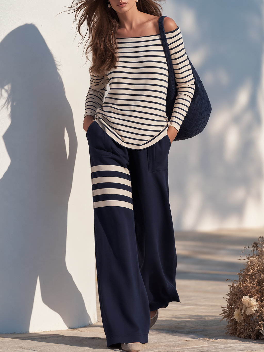 Casual And Relaxed Off-the-shoulder Striped T-shirt And Wide-leg Pants Set