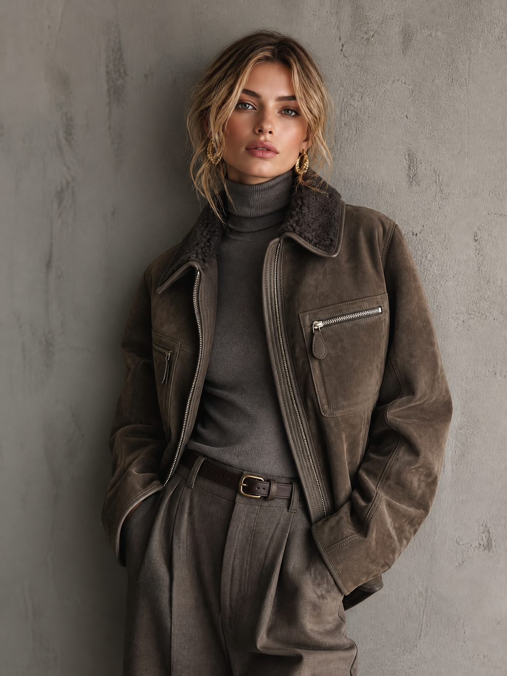 Chic Casual Taupe Brown Shearling Lapel Collar Zip‑Up Long-Sleeve Patch Pocket Loose-Fit Faux Suede Jacket