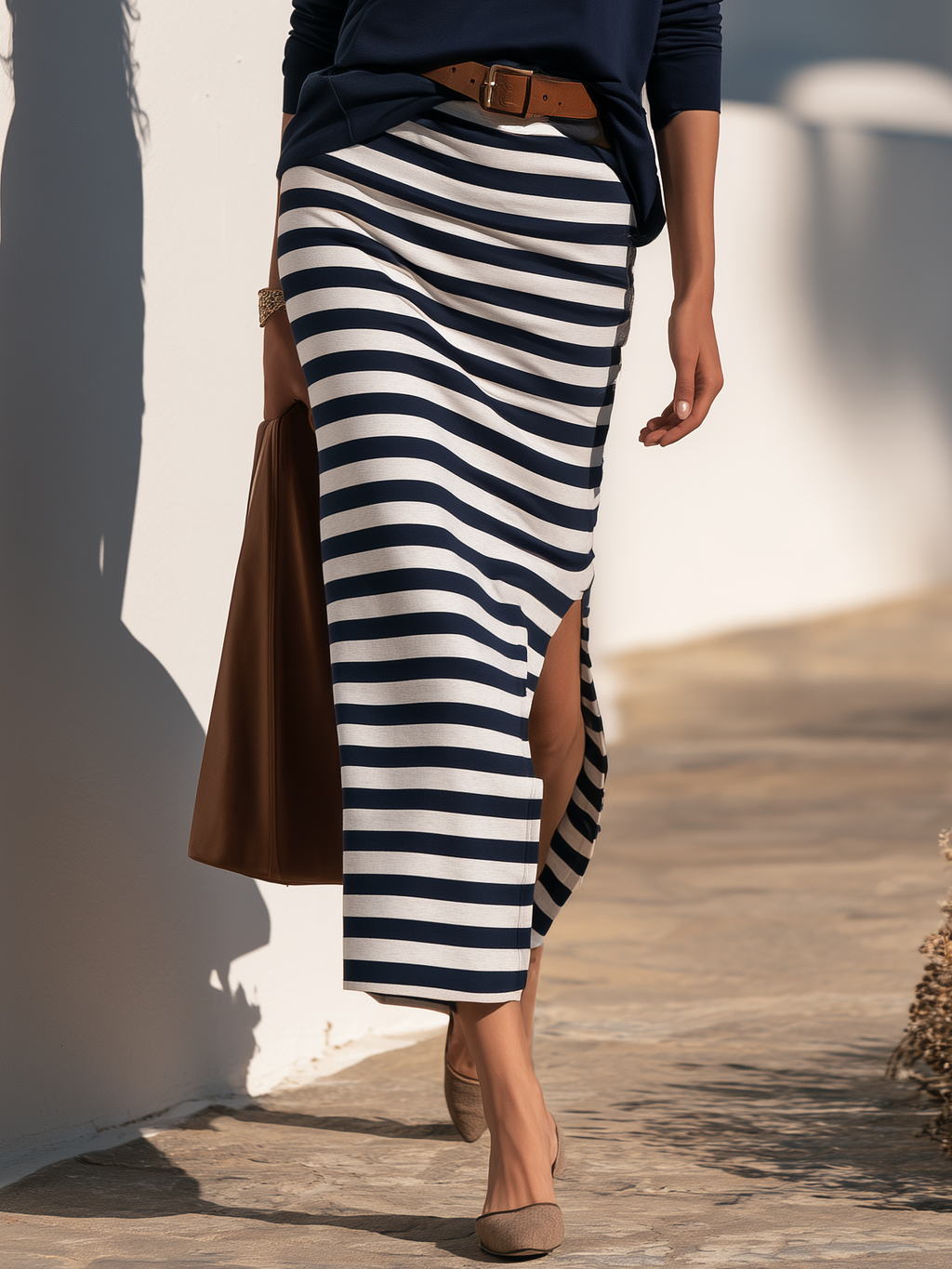 Vacation Casual One-shoulder Long-sleeved T-shirt And Striped Slit Skirt Set