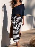 Vacation Casual One-shoulder Long-sleeved T-shirt And Striped Slit Skirt Set