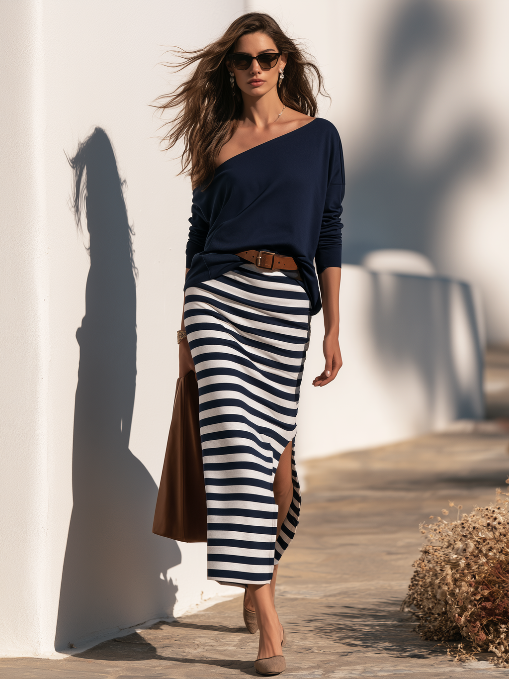 Vacation Casual One-shoulder Long-sleeved T-shirt And Striped Slit Skirt Set
