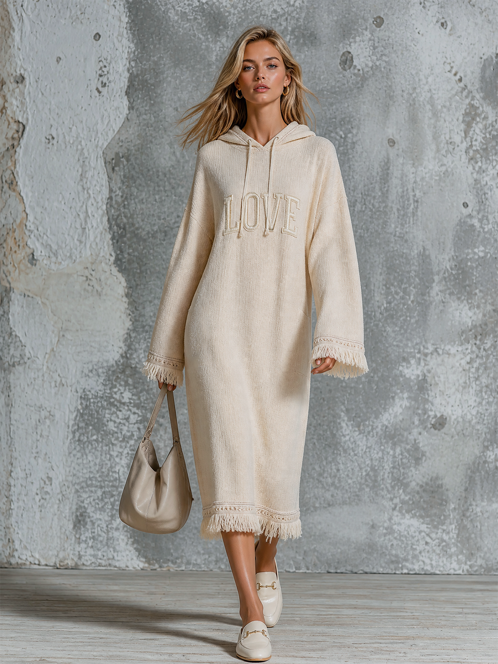 Chic Casual Off‑White Hooded Letter Embroidery Drop‑Shoulder Long-Sleeve Loose-Fit Fringe Trim Textured Knit Maxi Dress