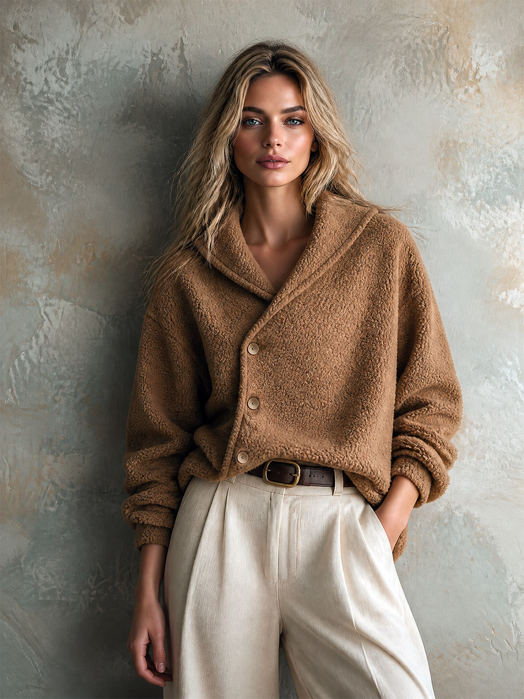 Chic Casual Camel Shawl Collar Asymmetric Button Long-Sleeve Patch Pocket Loose-Fit Teddy Fleece Jacket