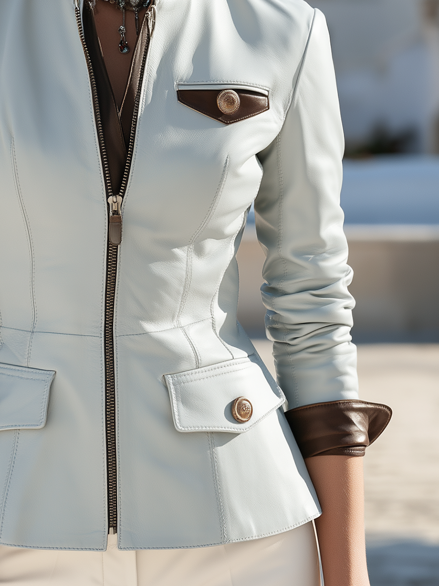 Light Blue Leather-Look Zip-Front Jacket With Chocolate-Brown Collar And Cuffs Jacket