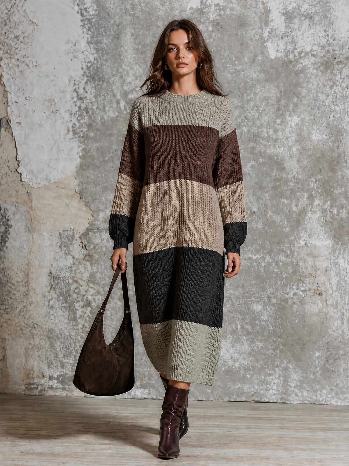 Chic Elegant Multi‑Color Stripes Round-Neck Long-Sleeve Loose-Fit Chunky Knit Maxi Dress