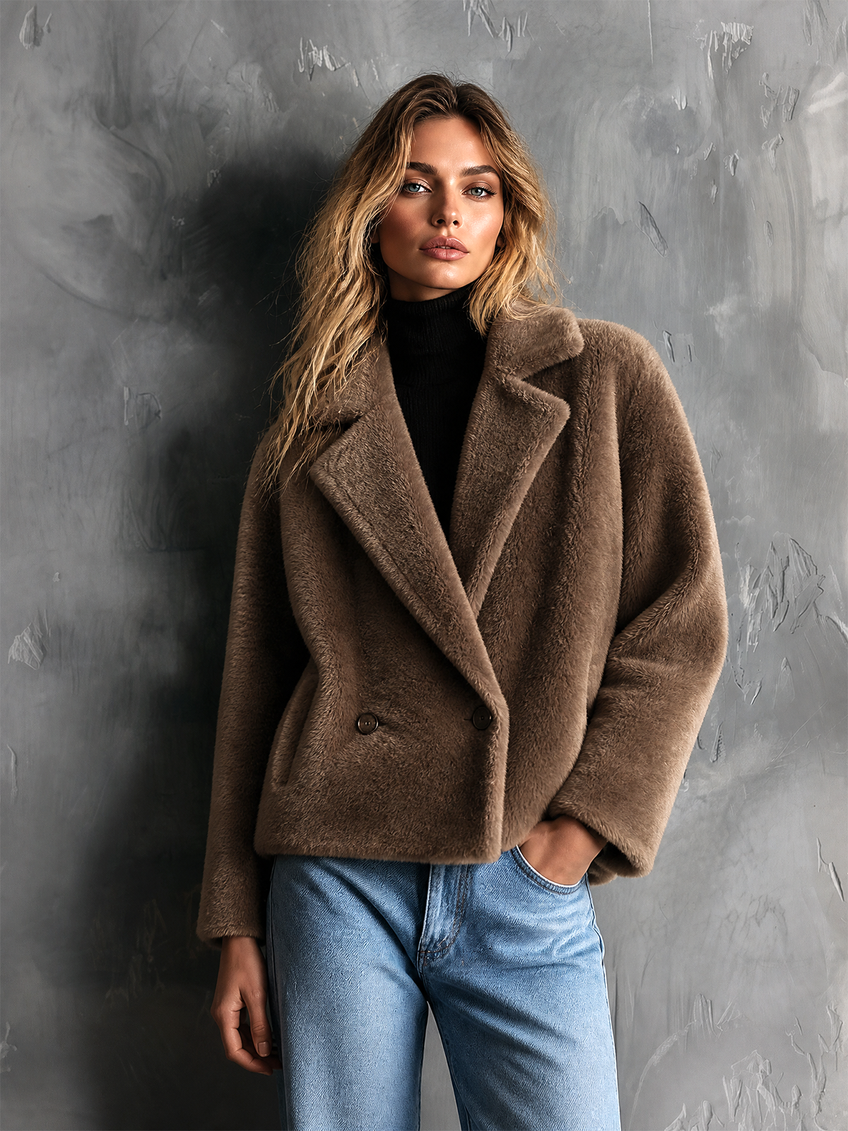 Chic Casual Taupe Brown Notched Lapel Double‑Breasted Long-Sleeve Loose-Fit Faux Fur Cropped Coat