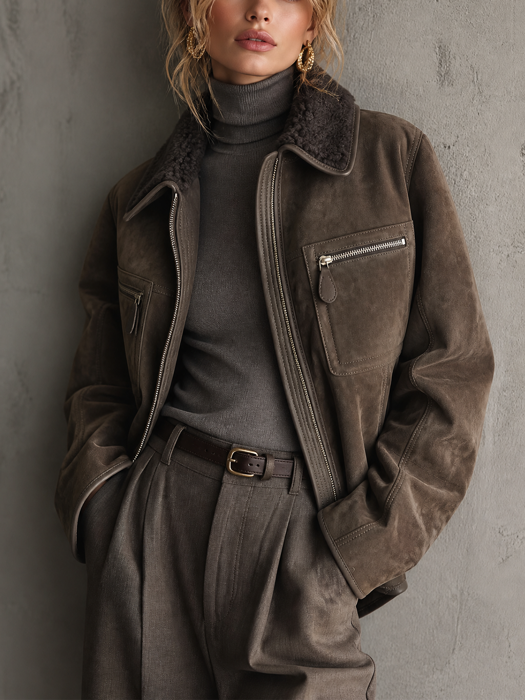 Chic Casual Taupe Brown Shearling Lapel Collar Zip‑Up Long-Sleeve Patch Pocket Loose-Fit Faux Suede Jacket