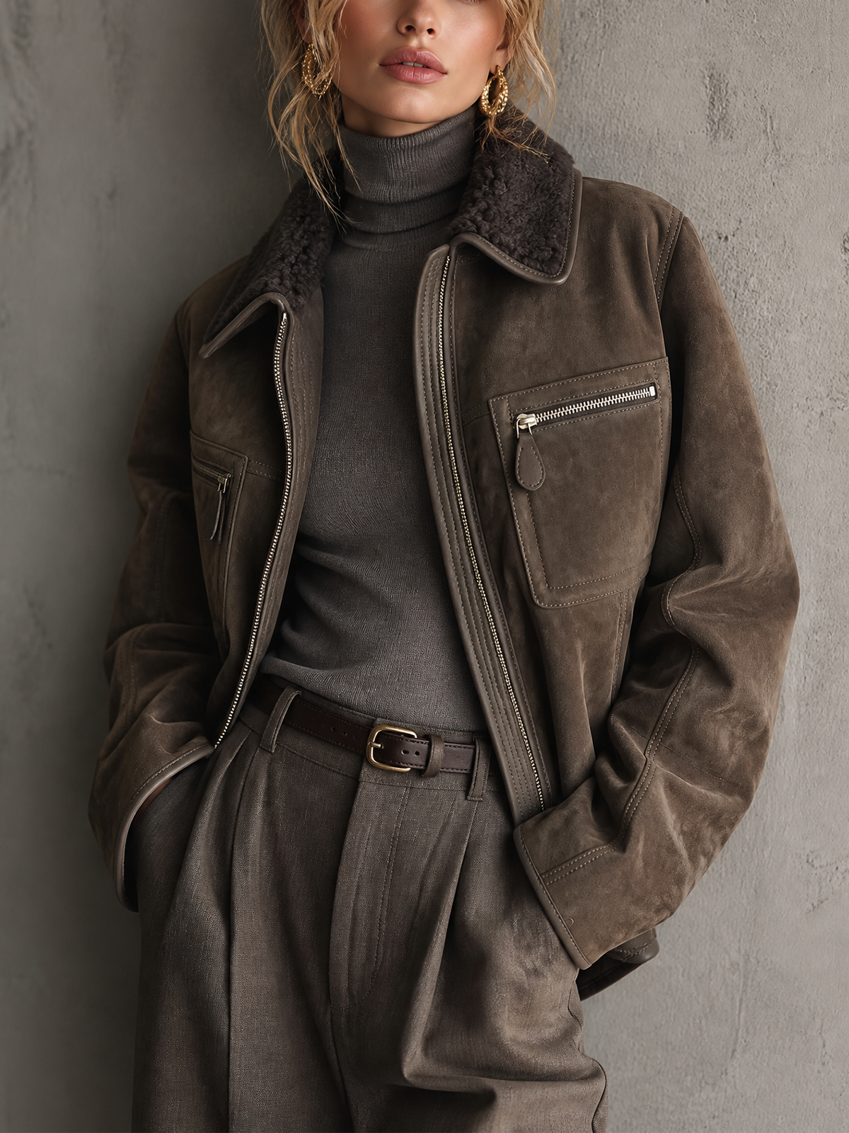 Chic Casual Taupe Brown Shearling Lapel Collar Zip‑Up Long-Sleeve Patch Pocket Loose-Fit Faux Suede Jacket
