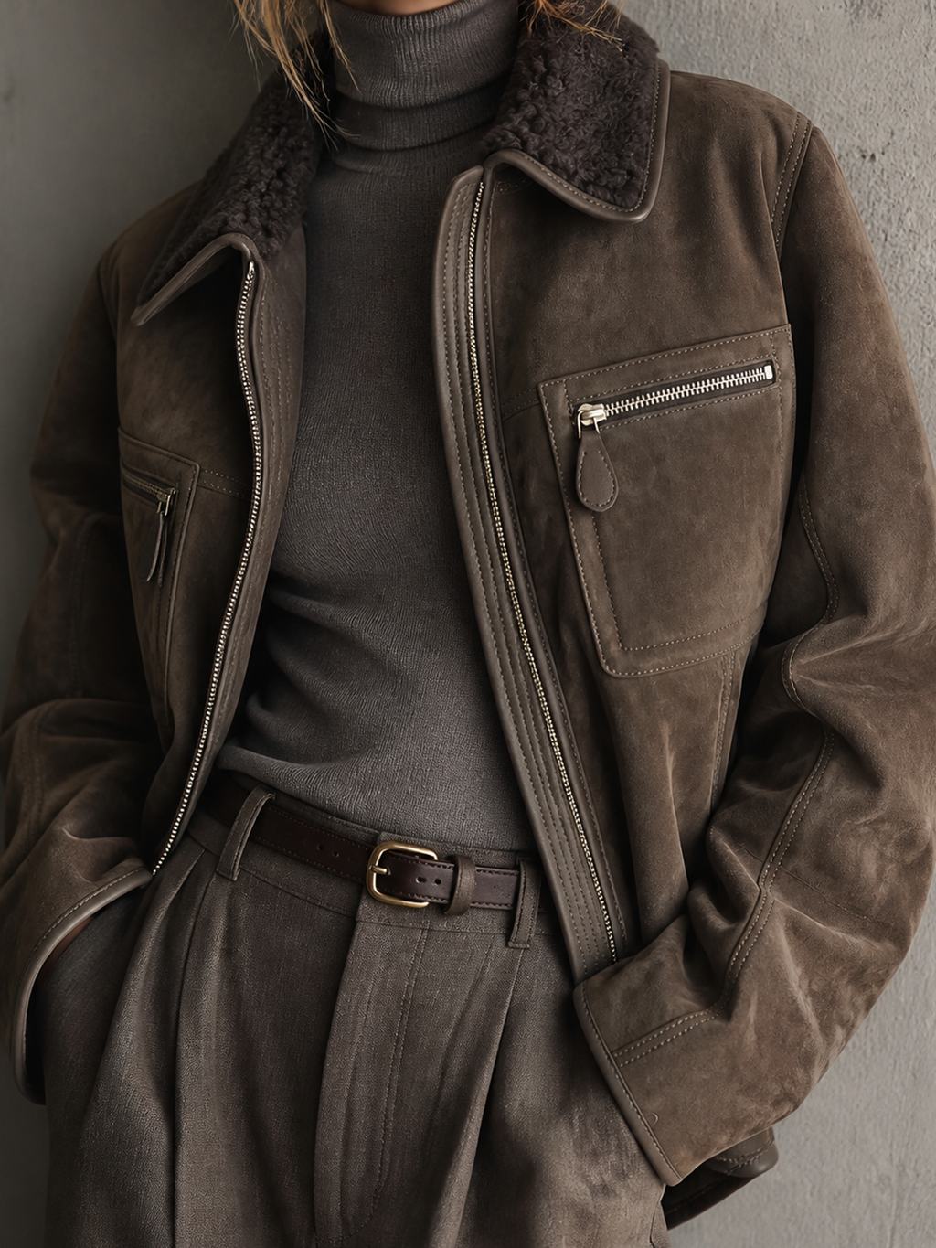 Chic Casual Taupe Brown Shearling Lapel Collar Zip‑Up Long-Sleeve Patch Pocket Loose-Fit Faux Suede Jacket