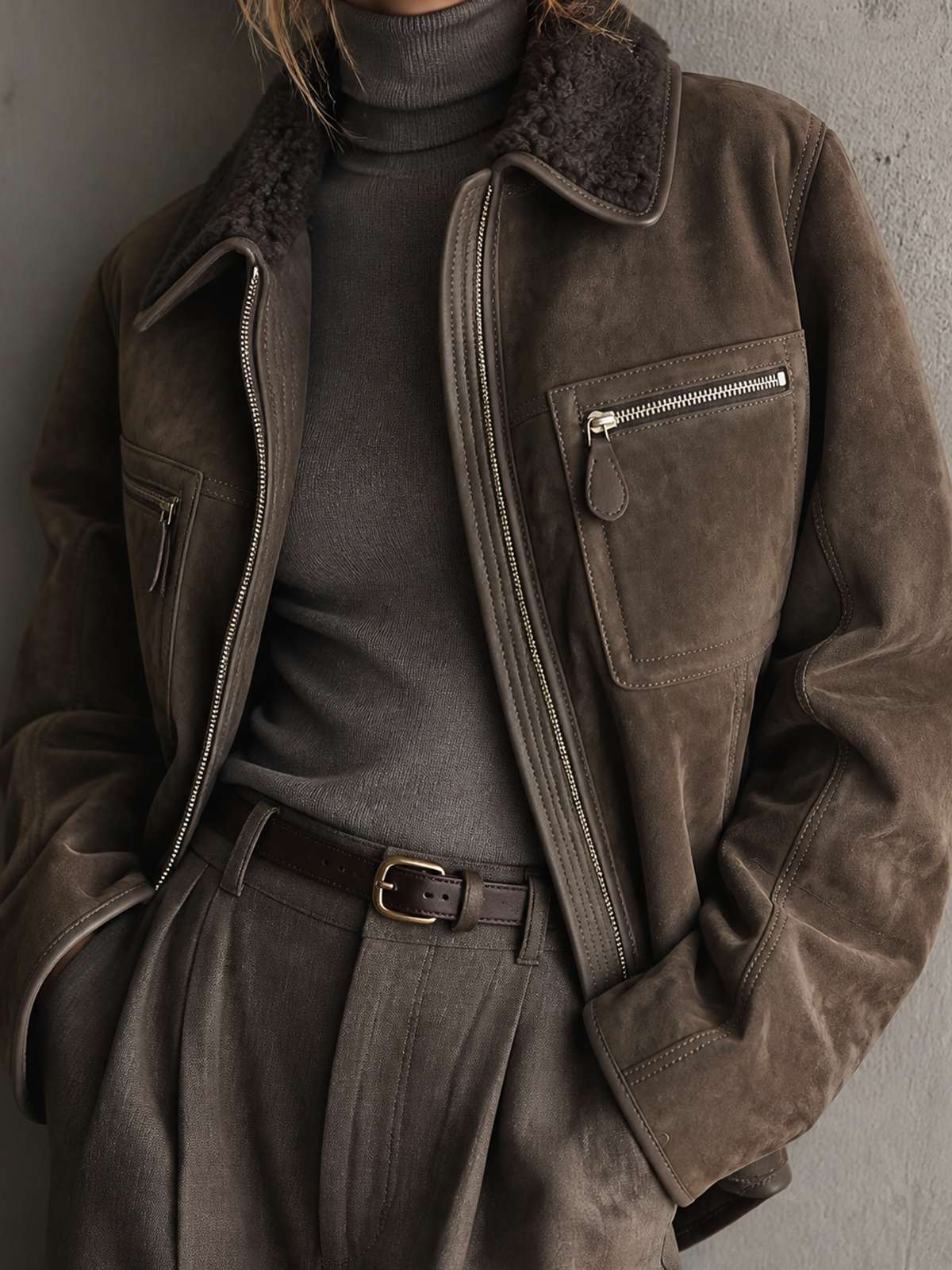 Chic Casual Taupe Brown Shearling Lapel Collar Zip‑Up Long-Sleeve Patch Pocket Loose-Fit Faux Suede Jacket