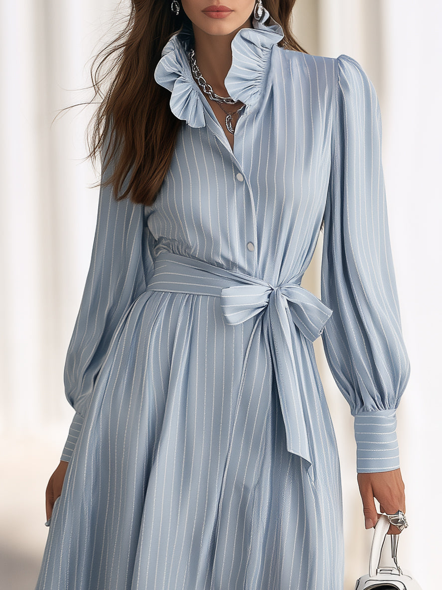 Mediterranean Chic Light Blue White Stripe Ruffle Collar Belted Maxi Dress