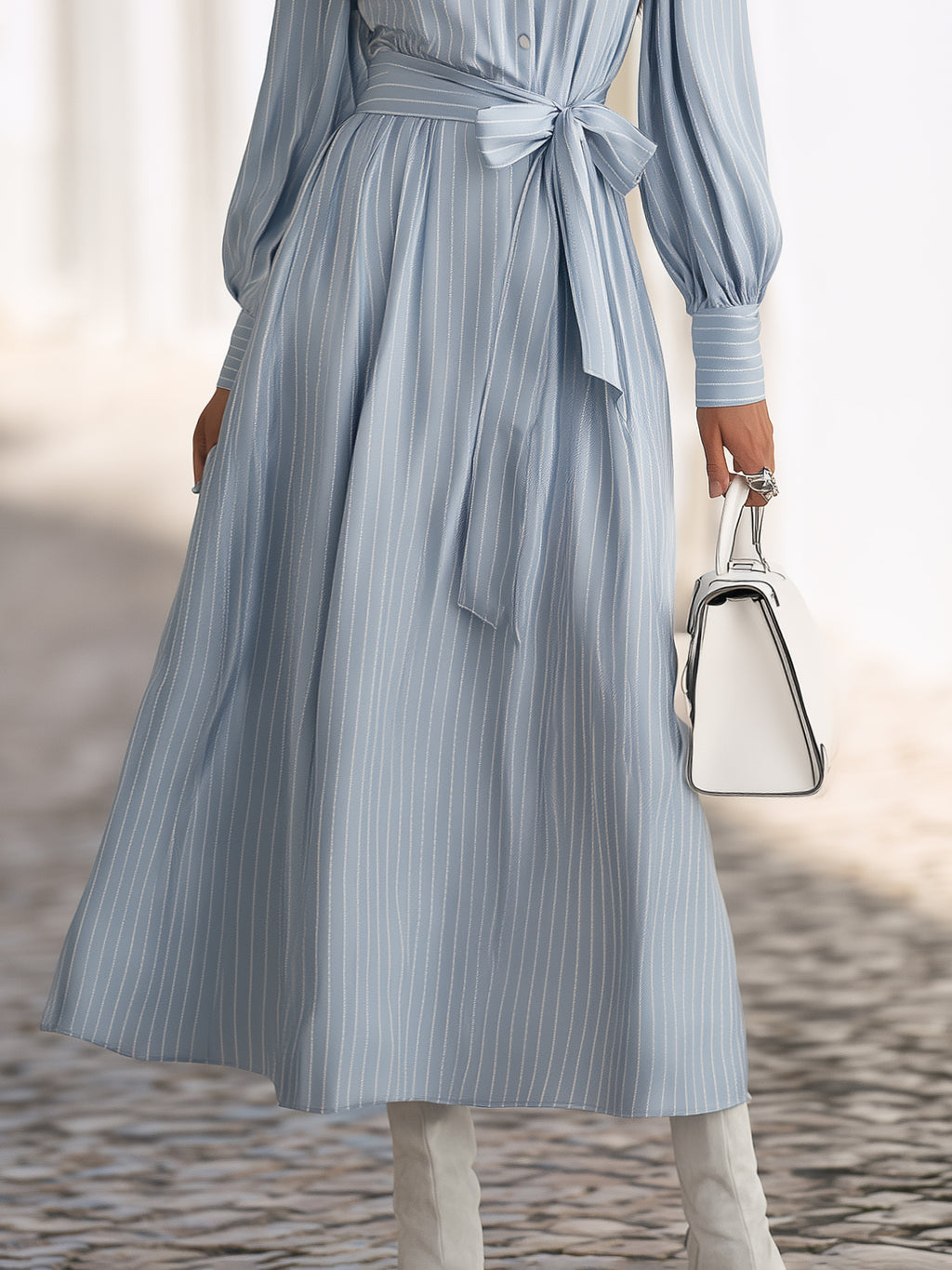 Mediterranean Chic Light Blue White Stripe Ruffle Collar Belted Maxi Dress