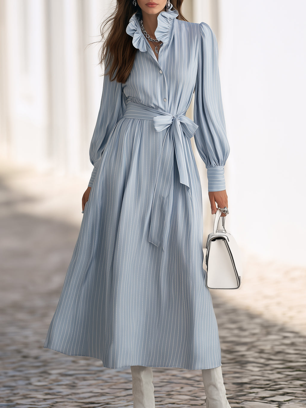 Mediterranean Chic Light Blue White Stripe Ruffle Collar Belted Maxi Dress