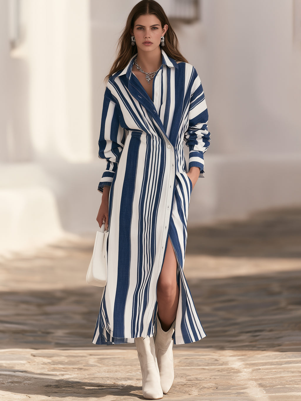 Mediterranean Chic Navy White Vertical Stripe Wrap Shirt Maxi Dress
