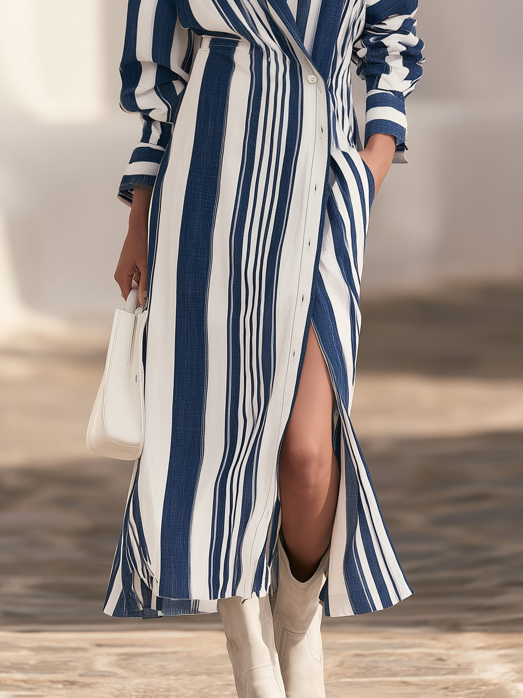 Mediterranean Chic Navy White Vertical Stripe Wrap Shirt Maxi Dress