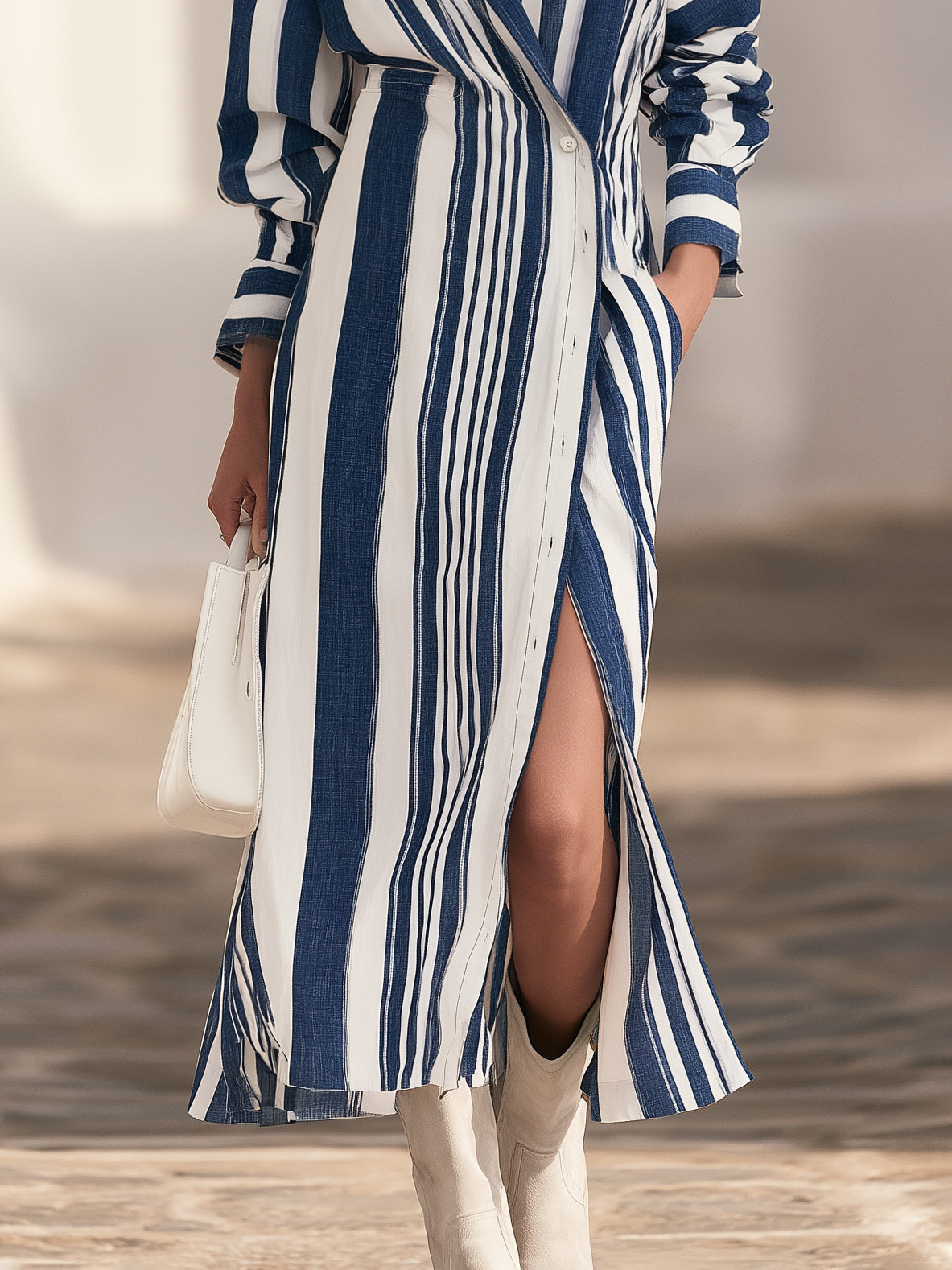 Mediterranean Chic Navy White Vertical Stripe Wrap Shirt Maxi Dress