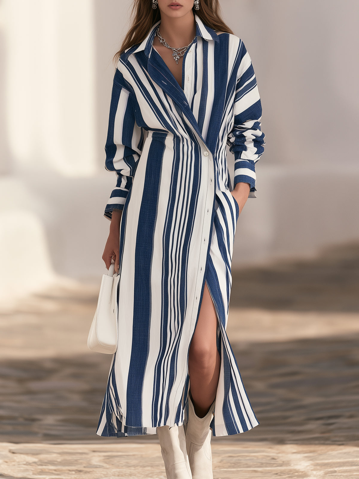 Mediterranean Chic Navy White Vertical Stripe Wrap Shirt Maxi Dress