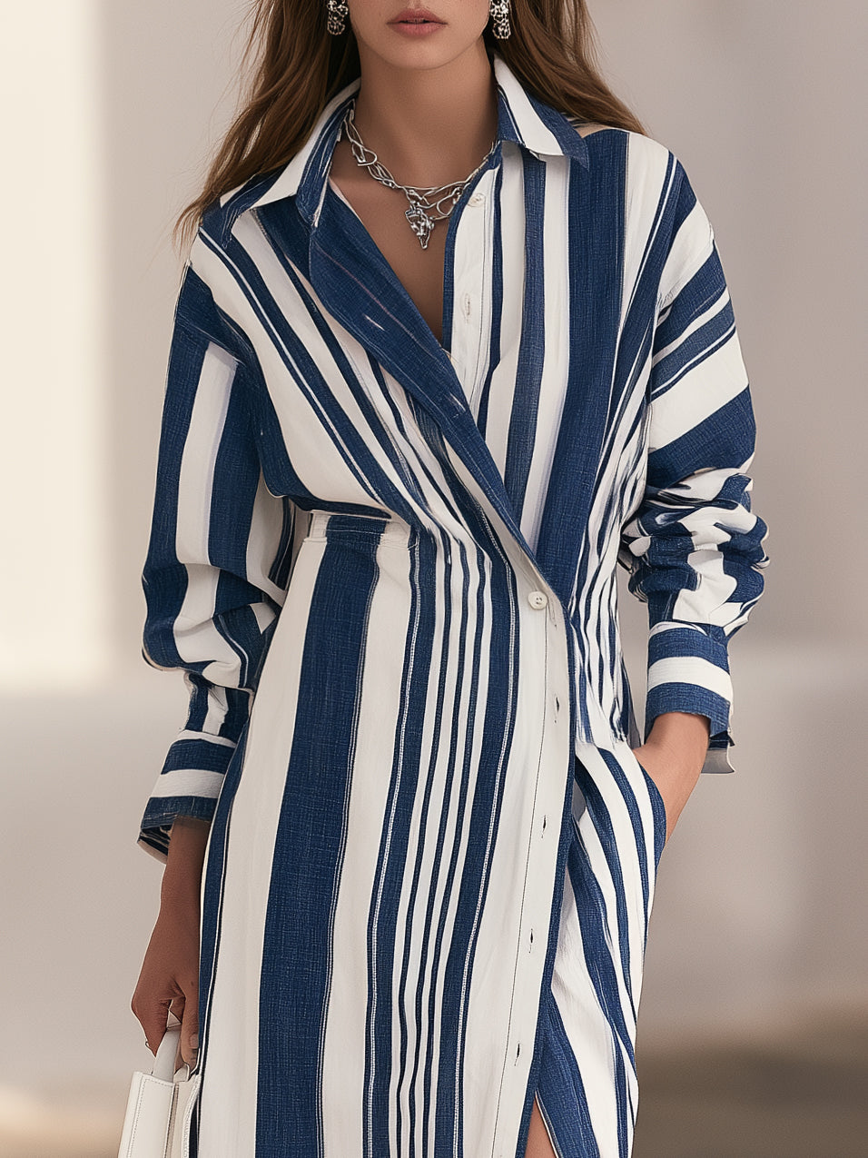 Mediterranean Chic Navy White Vertical Stripe Wrap Shirt Maxi Dress