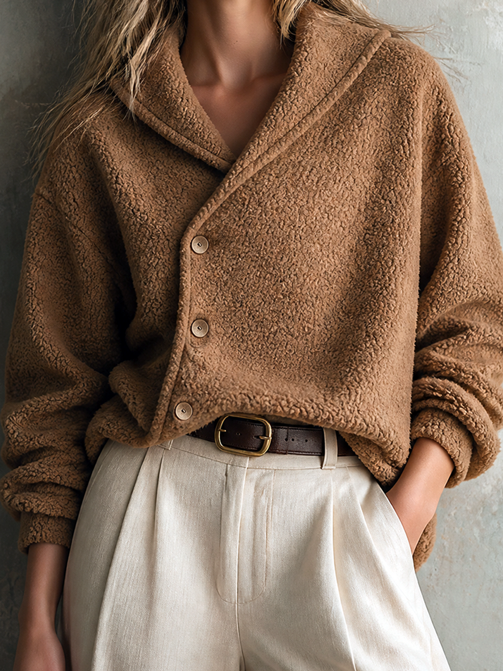 Chic Casual Camel Shawl Collar Asymmetric Button Long-Sleeve Patch Pocket Loose-Fit Teddy Fleece Jacket