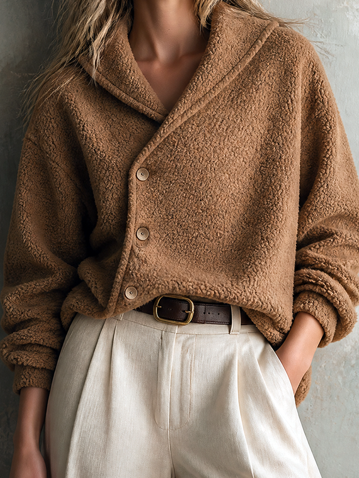 Chic Casual Camel Shawl Collar Asymmetric Button Long-Sleeve Patch Pocket Loose-Fit Teddy Fleece Jacket